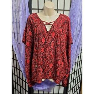 MICHAEL MICHAEL KORS Size L / XL Poncho Top Red Snake Print Lace Up Detail